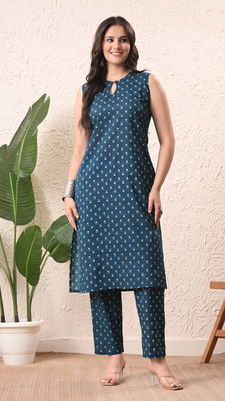 Teal Micro Straight Sleeveless kurta pant set