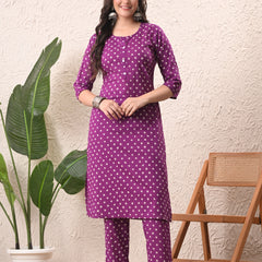 Purple Bandhej Straight kurta pant set with Sleeves
