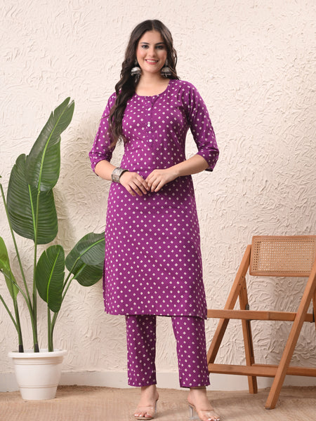 Purple Bandhej Straight kurta pant set with Sleeves