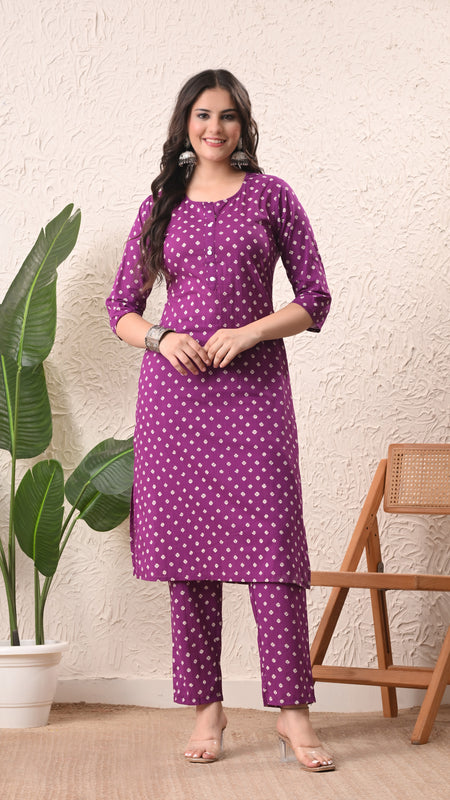 Purple Bandhej Straight kurta pant set with Sleeves