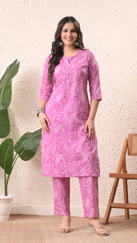 Pink White Keri Straight kurta pant set with Sleeves