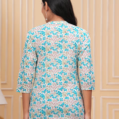 White And Blue Pure Cotton Casual Straight Fit 3/4Th Sleeves Top For Women