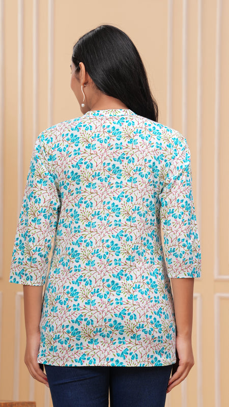 White And Blue Pure Cotton Casual Straight Fit 3/4Th Sleeves Top For Women