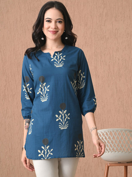 Teal Block Pure Cotton Casual 3/4th Sleeves Top for women