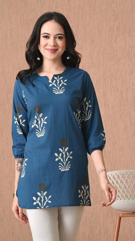 Teal Block Pure Cotton Casual 3/4th Sleeves Top for women