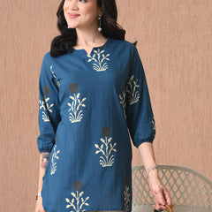 Teal Block Pure Cotton Casual 3/4th Sleeves Top for women