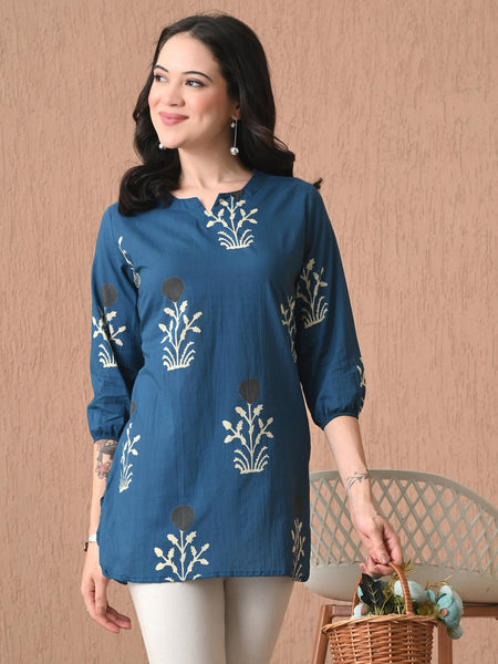 Teal Block Pure Cotton Casual 3/4th Sleeves Top for women