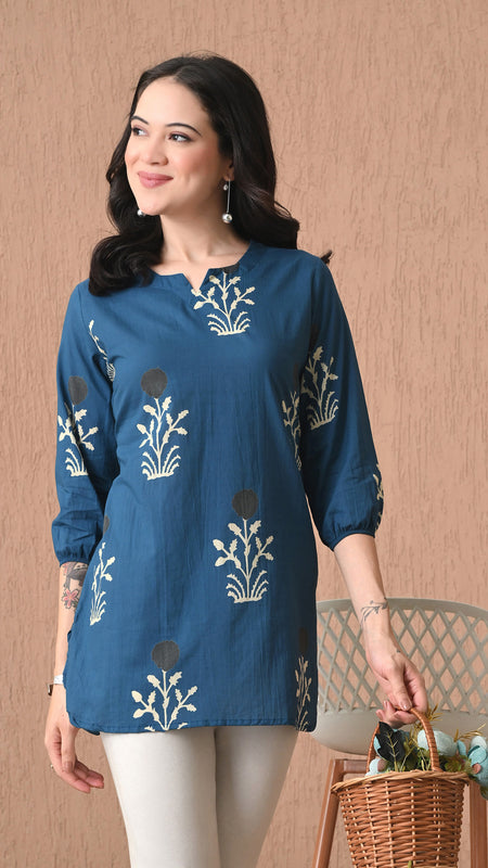 Teal Block Pure Cotton Casual 3/4th Sleeves Top for women