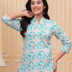 White And Blue Pure Cotton Casual Straight Fit 3/4Th Sleeves Top For Women