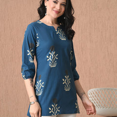 Teal Block Pure Cotton Casual 3/4th Sleeves Top for women