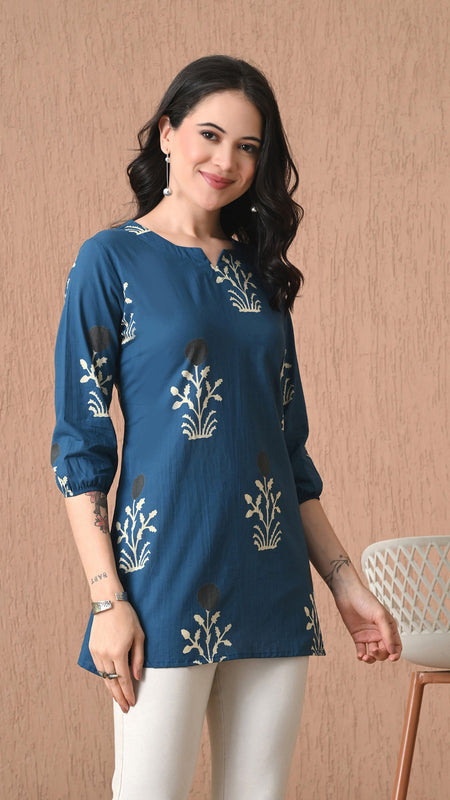Teal Block Pure Cotton Casual 3/4th Sleeves Top for women