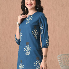 Teal Block Pure Cotton Casual 3/4th Sleeves Top for women