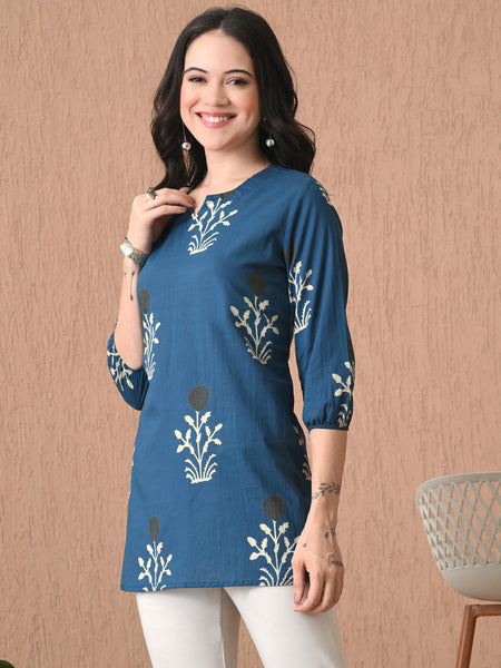 Teal Block Pure Cotton Casual 3/4th Sleeves Top for women
