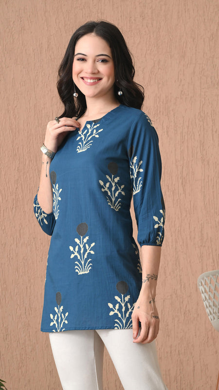 Teal Block Pure Cotton Casual 3/4th Sleeves Top for women