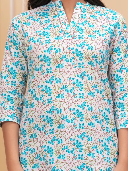 White And Blue Pure Cotton Casual Straight Fit 3/4Th Sleeves Top For Women