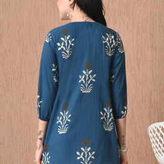 Teal Block Pure Cotton Casual 3/4th Sleeves Top for women