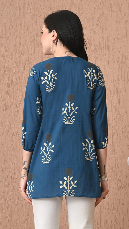 Teal Block Pure Cotton Casual 3/4th Sleeves Top for women