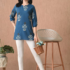 Teal Block Pure Cotton Casual 3/4th Sleeves Top for women