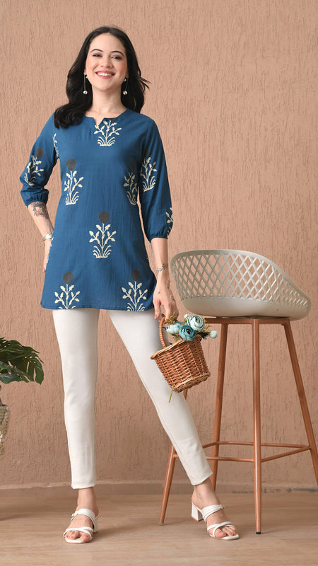 Teal Block Pure Cotton Casual 3/4th Sleeves Top for women