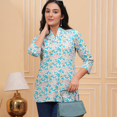 White And Blue Pure Cotton Casual Straight Fit 3/4Th Sleeves Top For Women