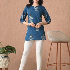 Teal Block Pure Cotton Casual 3/4th Sleeves Top for women