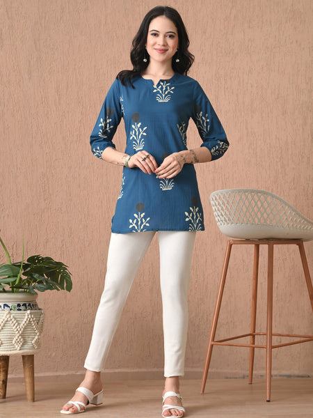 Teal Block Pure Cotton Casual 3/4th Sleeves Top for women