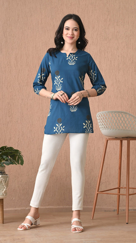 Teal Block Pure Cotton Casual 3/4th Sleeves Top for women