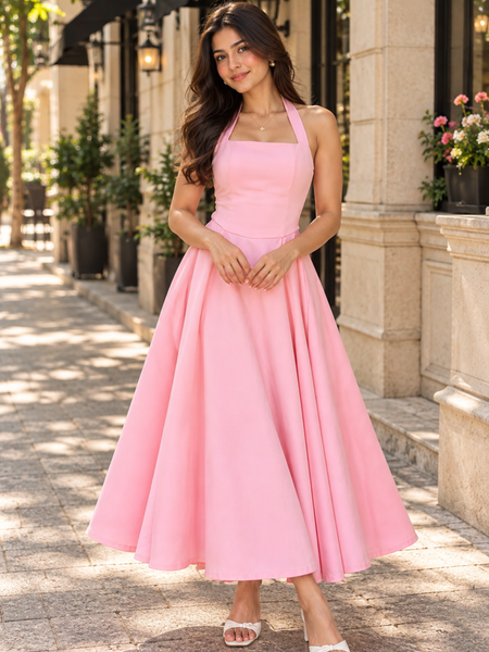 Pink Halter Neck Fit & Flare Midi Dress for Women – Pure Cotton Solid Colour Dress