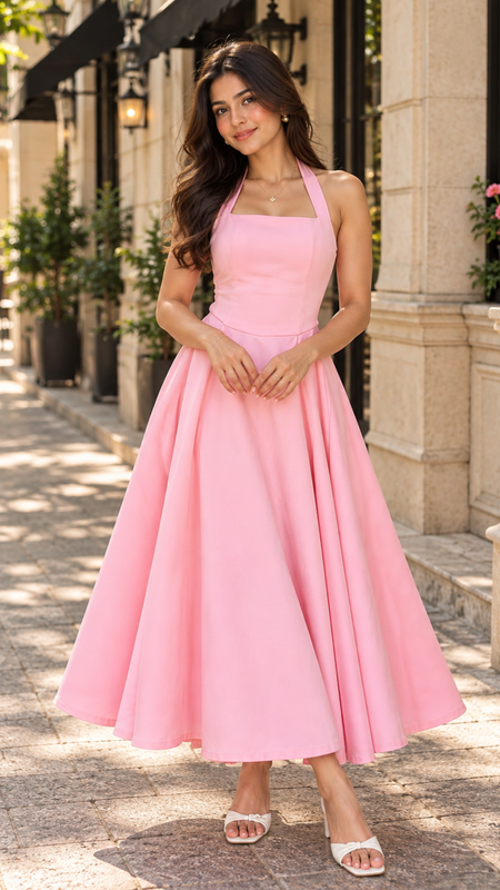 Pink Halter Neck Fit & Flare Midi Dress for Women – Pure Cotton Solid Colour Dress