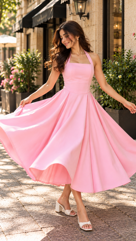 Pink Halter Neck Fit & Flare Midi Dress for Women – Pure Cotton Solid Colour Dress