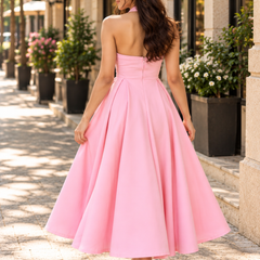 Pink Halter Neck Fit & Flare Midi Dress for Women – Pure Cotton Solid Colour Dress
