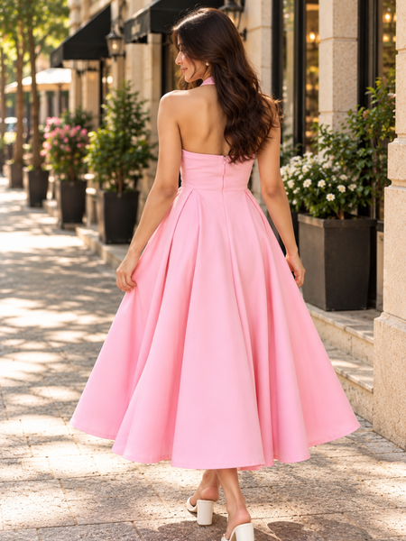 Pink Halter Neck Fit & Flare Midi Dress for Women – Pure Cotton Solid Colour Dress