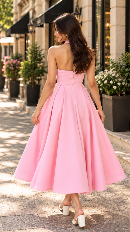 Pink Halter Neck Fit & Flare Midi Dress for Women – Pure Cotton Solid Colour Dress