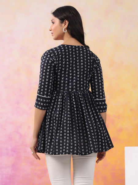 Black Pure Cotton Casual Peplum 3/4Th Sleeves Top For Women