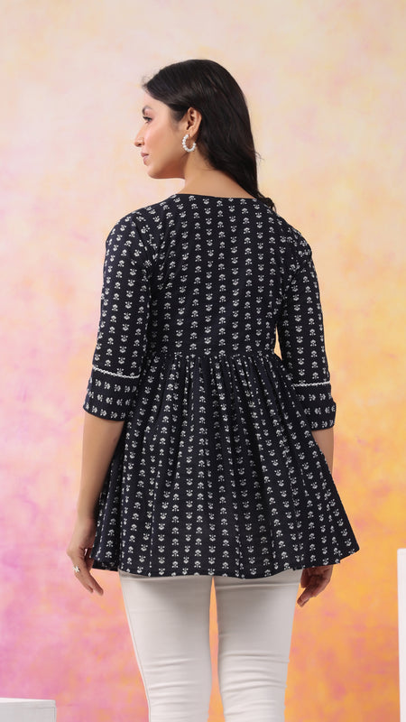 Black Pure Cotton Casual Peplum 3/4Th Sleeves Top For Women