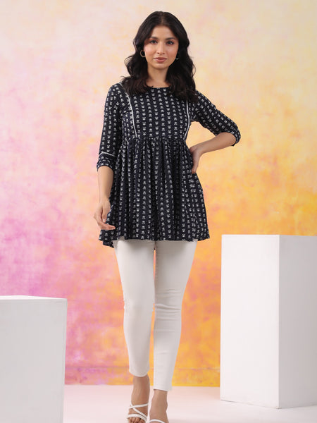 Black Pure Cotton Casual Peplum 3/4Th Sleeves Top For Women