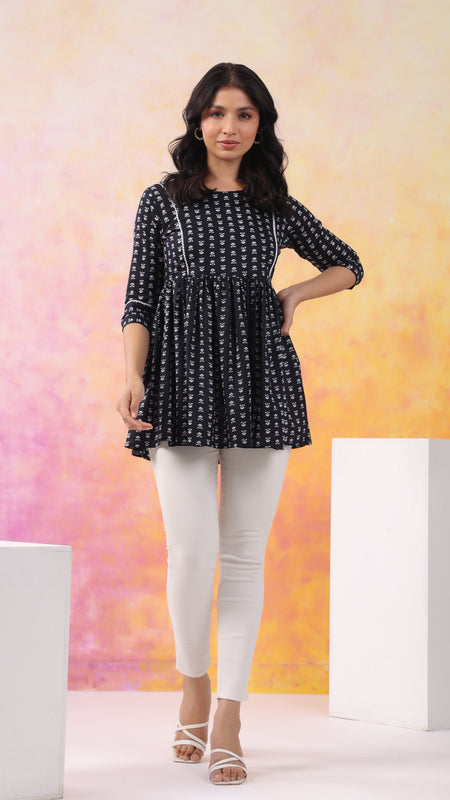 Black Pure Cotton Casual Peplum 3/4Th Sleeves Top For Women