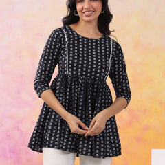 Black Pure Cotton Casual Peplum 3/4Th Sleeves Top For Women