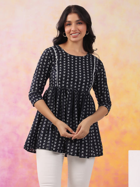 Black Pure Cotton Casual Peplum 3/4Th Sleeves Top For Women