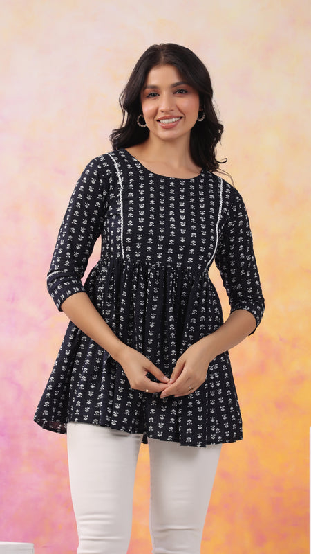 Black Pure Cotton Casual Peplum 3/4Th Sleeves Top For Women
