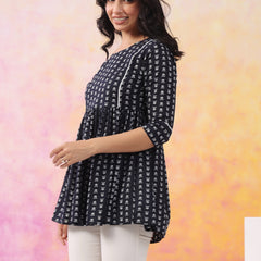 Black Pure Cotton Casual Peplum 3/4Th Sleeves Top For Women