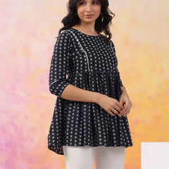 Black Pure Cotton Casual Peplum 3/4Th Sleeves Top For Women