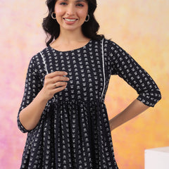 Black Pure Cotton Casual Peplum 3/4Th Sleeves Top For Women