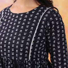 Black Pure Cotton Casual Peplum 3/4Th Sleeves Top For Women