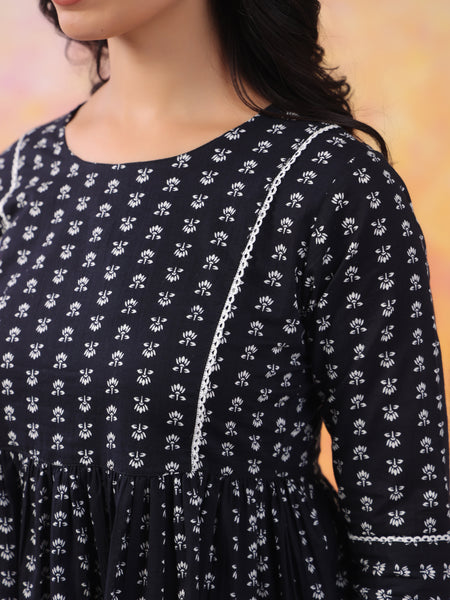Black Pure Cotton Casual Peplum 3/4Th Sleeves Top For Women