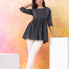 Black Pure Cotton Casual Peplum 3/4Th Sleeves Top For Women
