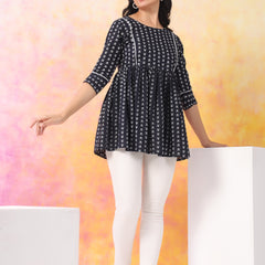 Black Pure Cotton Casual Peplum 3/4Th Sleeves Top For Women
