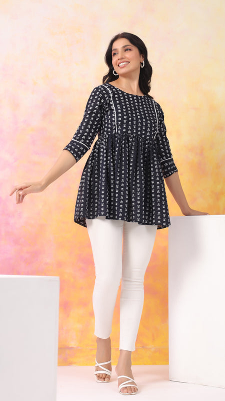 Black Pure Cotton Casual Peplum 3/4Th Sleeves Top For Women