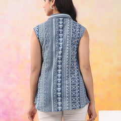Indigo Pure Cotton Casual A-Line Sleeveless Top With Pair Of Half Sleeves Attached For Women