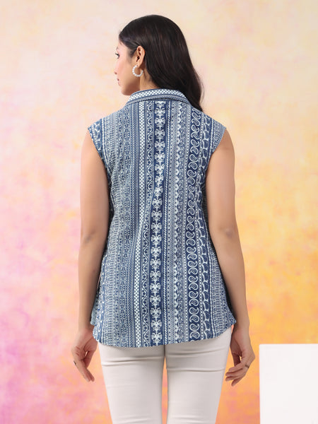 Indigo Pure Cotton Casual A-Line Sleeveless Top With Pair Of Half Sleeves Attached For Women